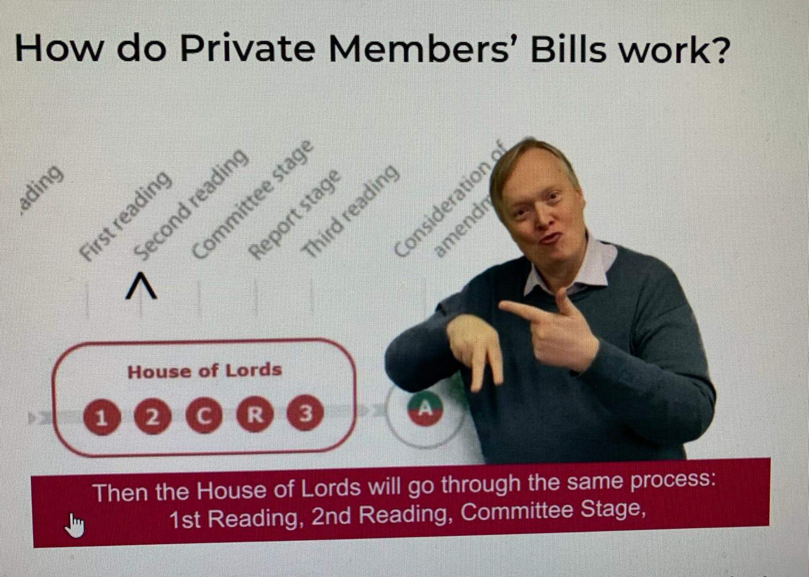 Man presenting a flowchart explaining the stages of how private members' bills work in the house of lords.