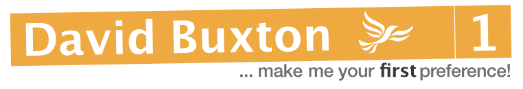Orange campaign banner with the text "david buxton 1st choice" and a Liberal Democrat logo; slogan reads "make me your first preference!.